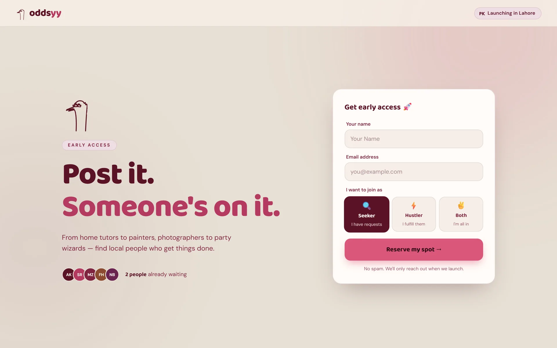Oddsyy — A two-sided local services marketplace for Lahore — post any request, and someone nearby bids to get it done.